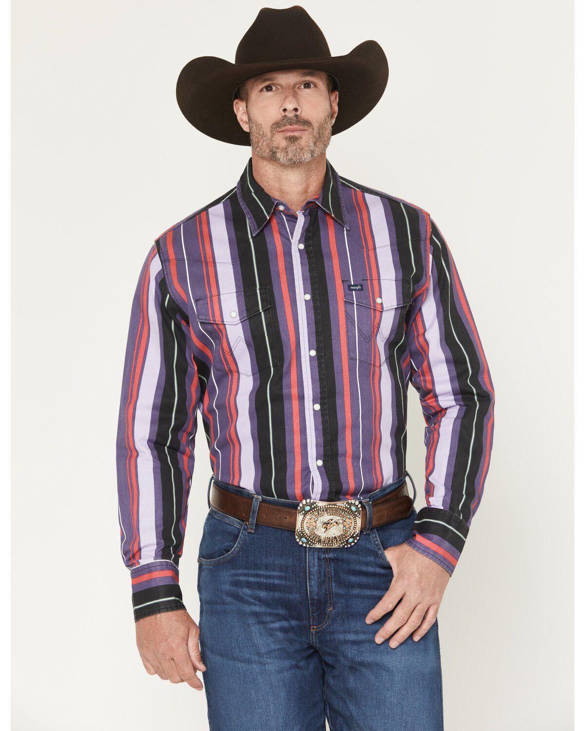 Image #1 - Wrangler Men's Vintage Brushpopper Striped Print Long Sleeve Snap Western Shirt, Multi, hi-res