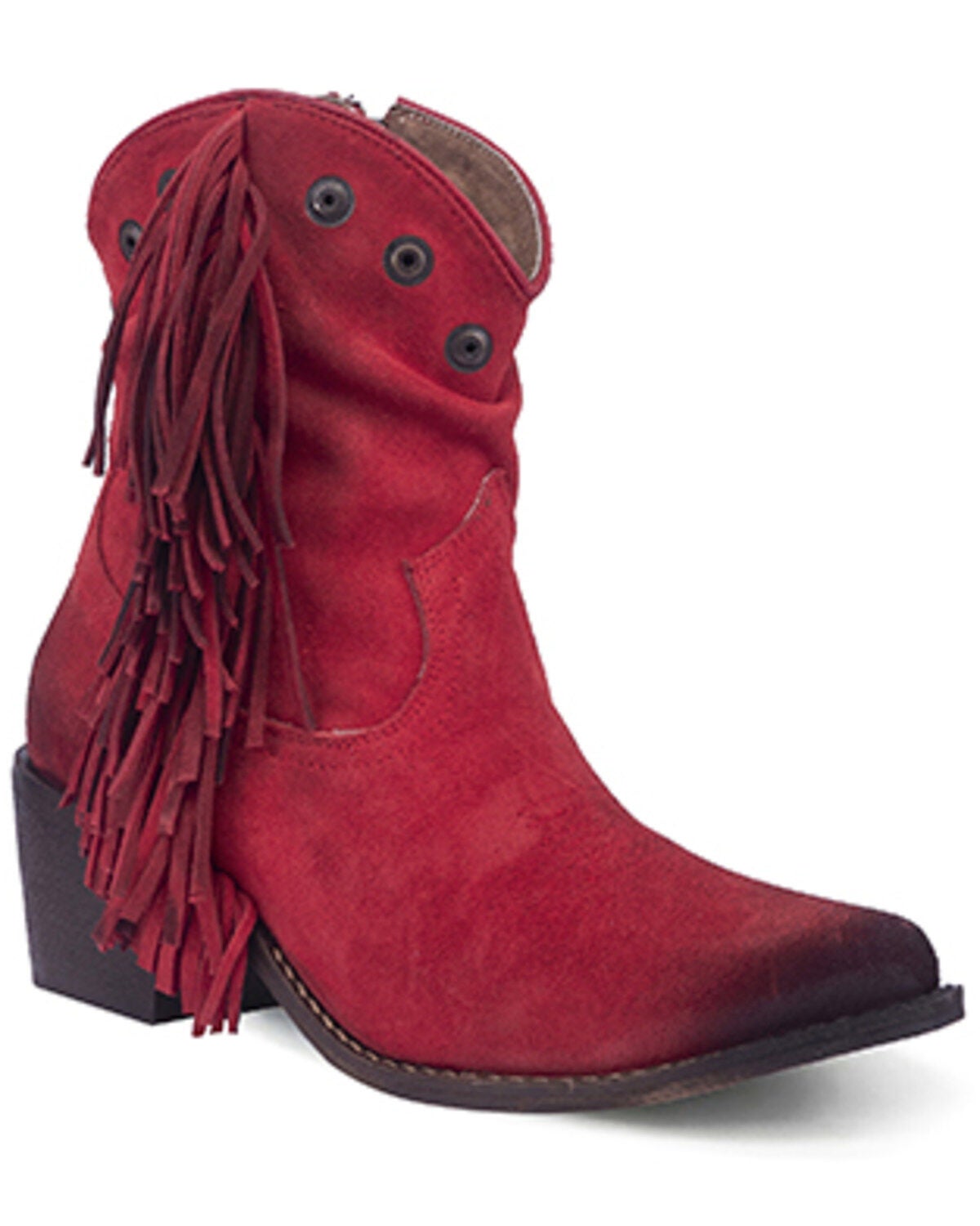 Circle G Women's Studded Suede Fringe Ankle Boots - Round Toe, Red, hi-res