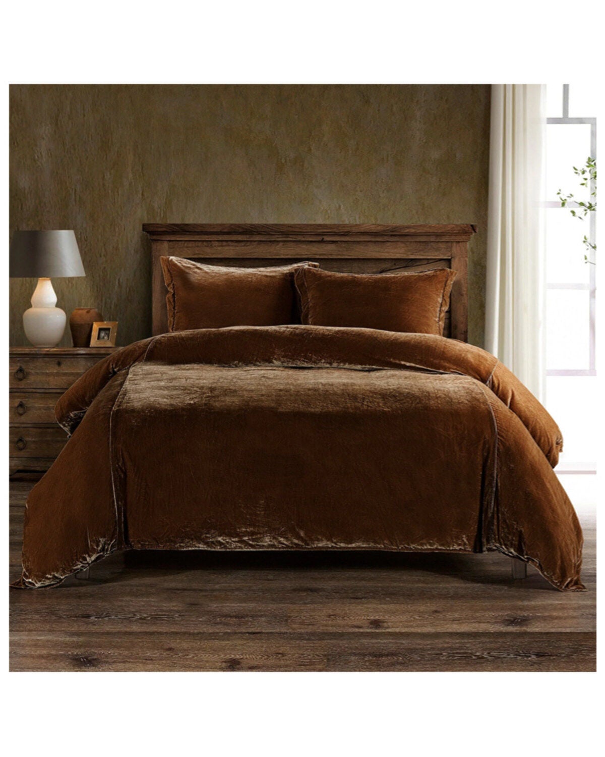 HiEnd Accents Copper Stella Faux Silk & Velvet Super King Duvet Cover Set, Copper, hi-res