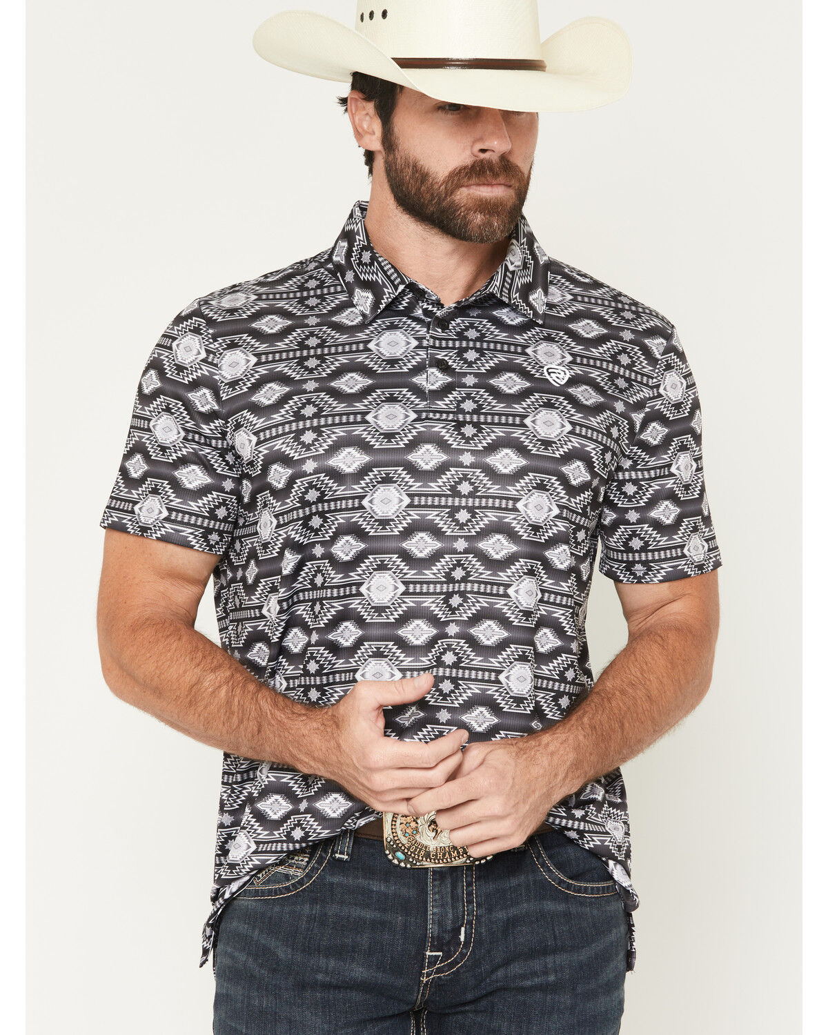 Image #1 - Rock & Roll Denim Men's Southwestern Print Short Sleeve Button-Down Stretch Polo Shirt, Black, hi-res