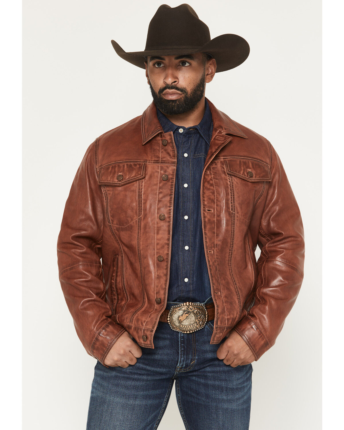 Image #1 - Scully Men's Leather Trucker Jacket, Cognac, hi-res
