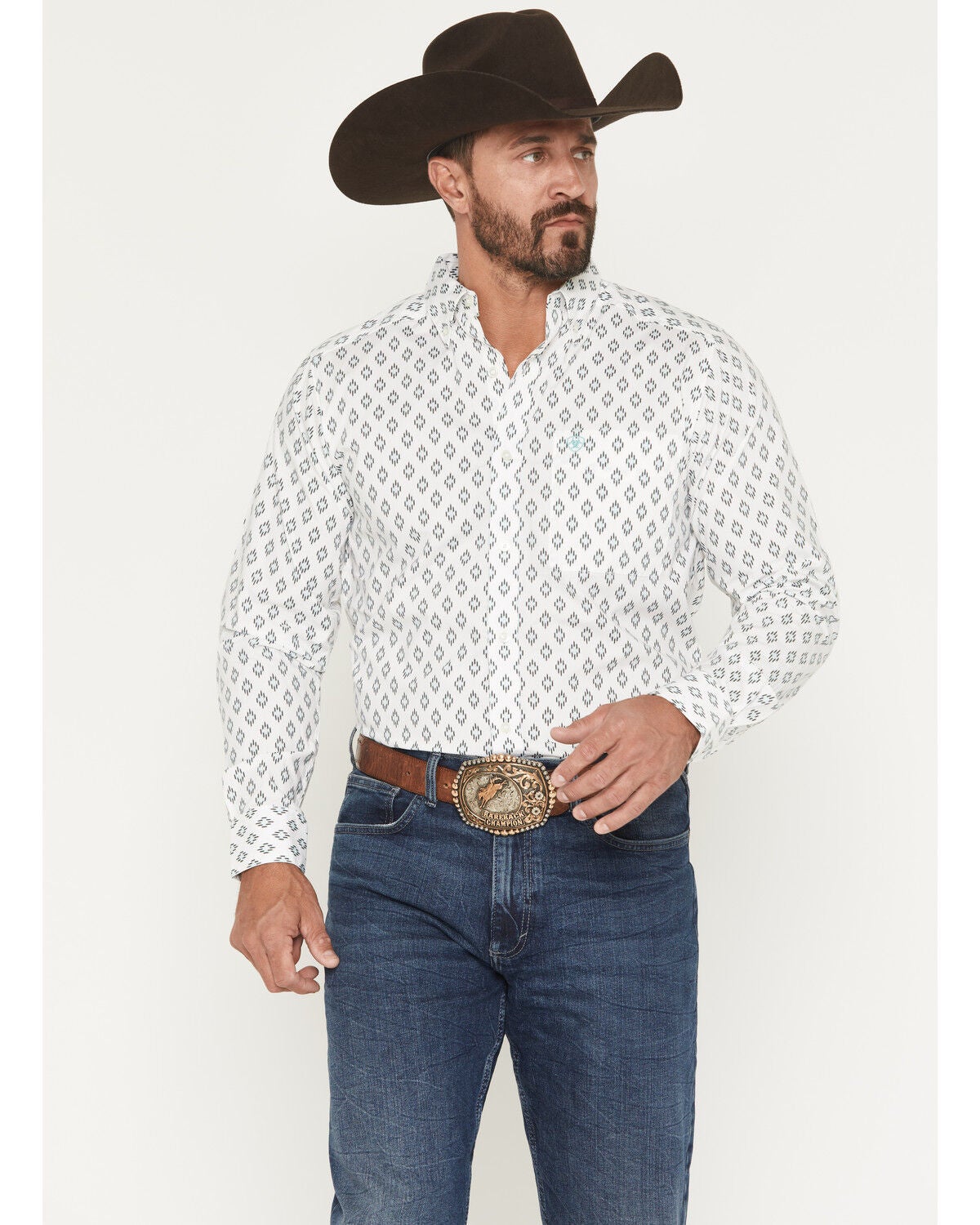 Ariat Men's Bass Geo Print Long Sleeve Button-Down Western Shirt, White, hi-res
