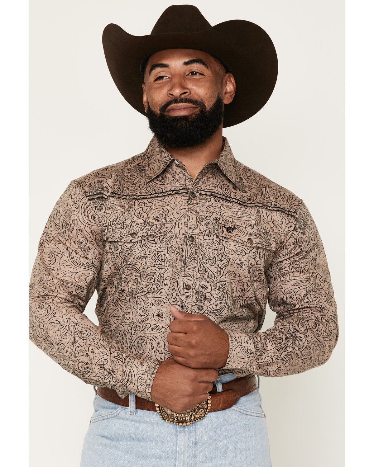 Cowboy Hardware Men's Tooled Floral Print Long Sleeve Snap Stretch Western Shirt, Tan, hi-res