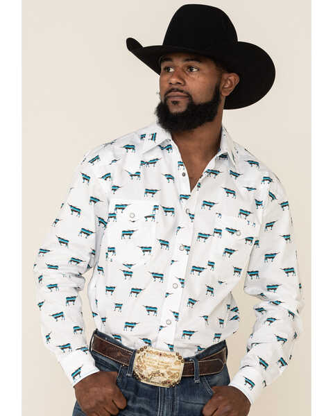 Image #1 - Rough Stock By Panhandle Men's El Toro Bull Geo Print Long Sleeve Western Shirt , White, hi-res