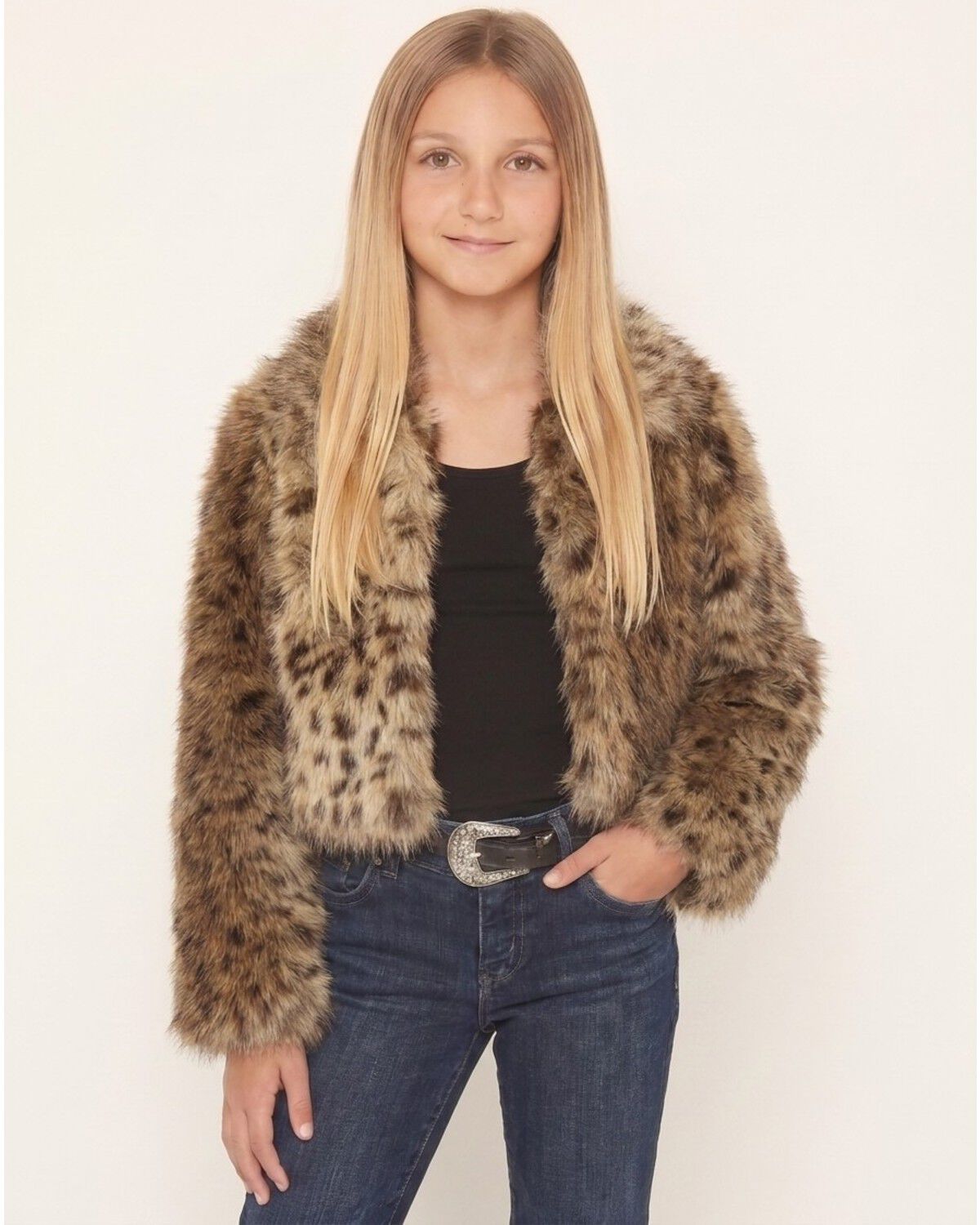 Image #1 - Shyanne Girls' Maggie Leopard Print Faux Fur Jacket, Turquoise, hi-res