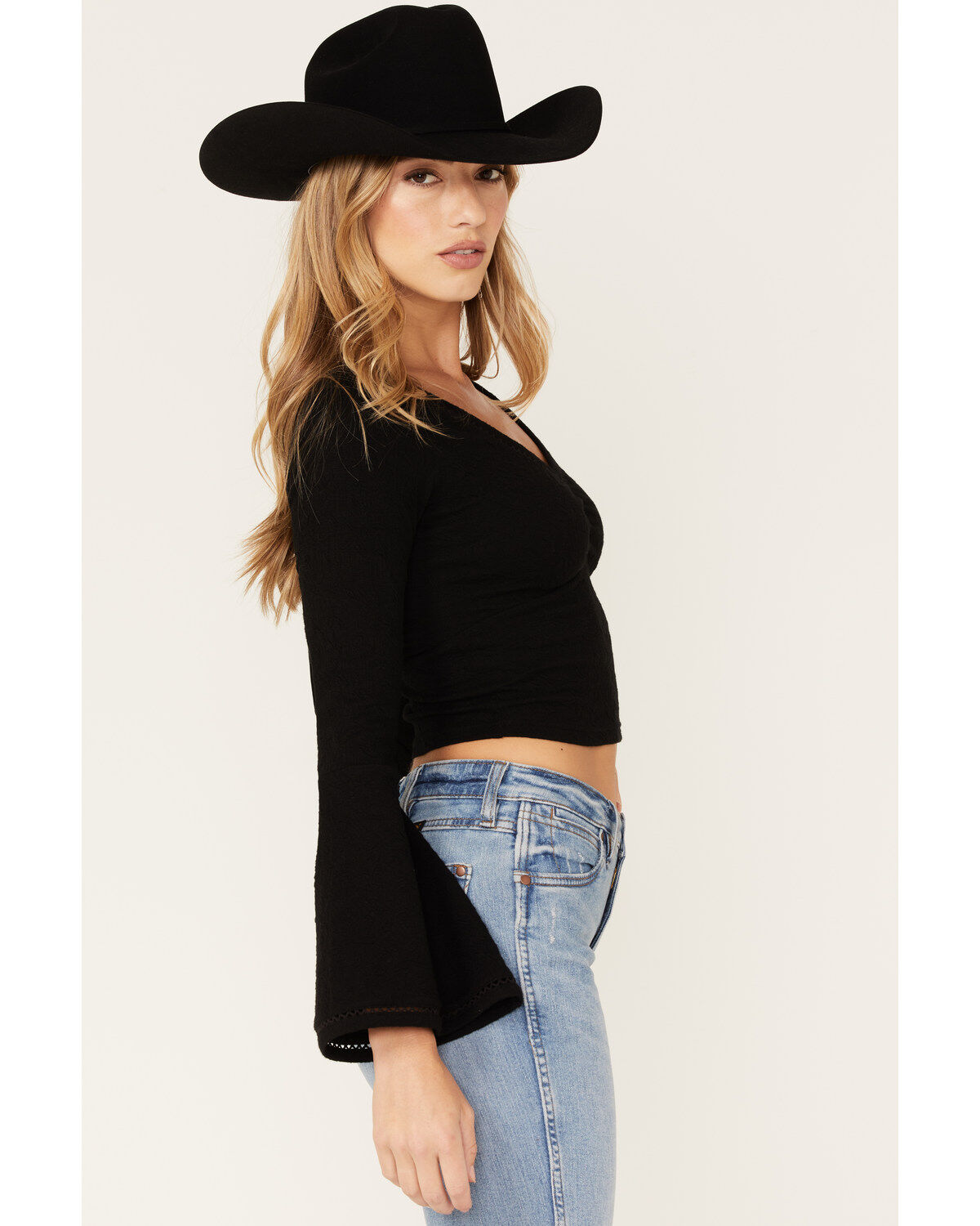 Image #2 - Shyanne Women's Deep V-Neck Bell Sleeve Crop Top, Black, hi-res