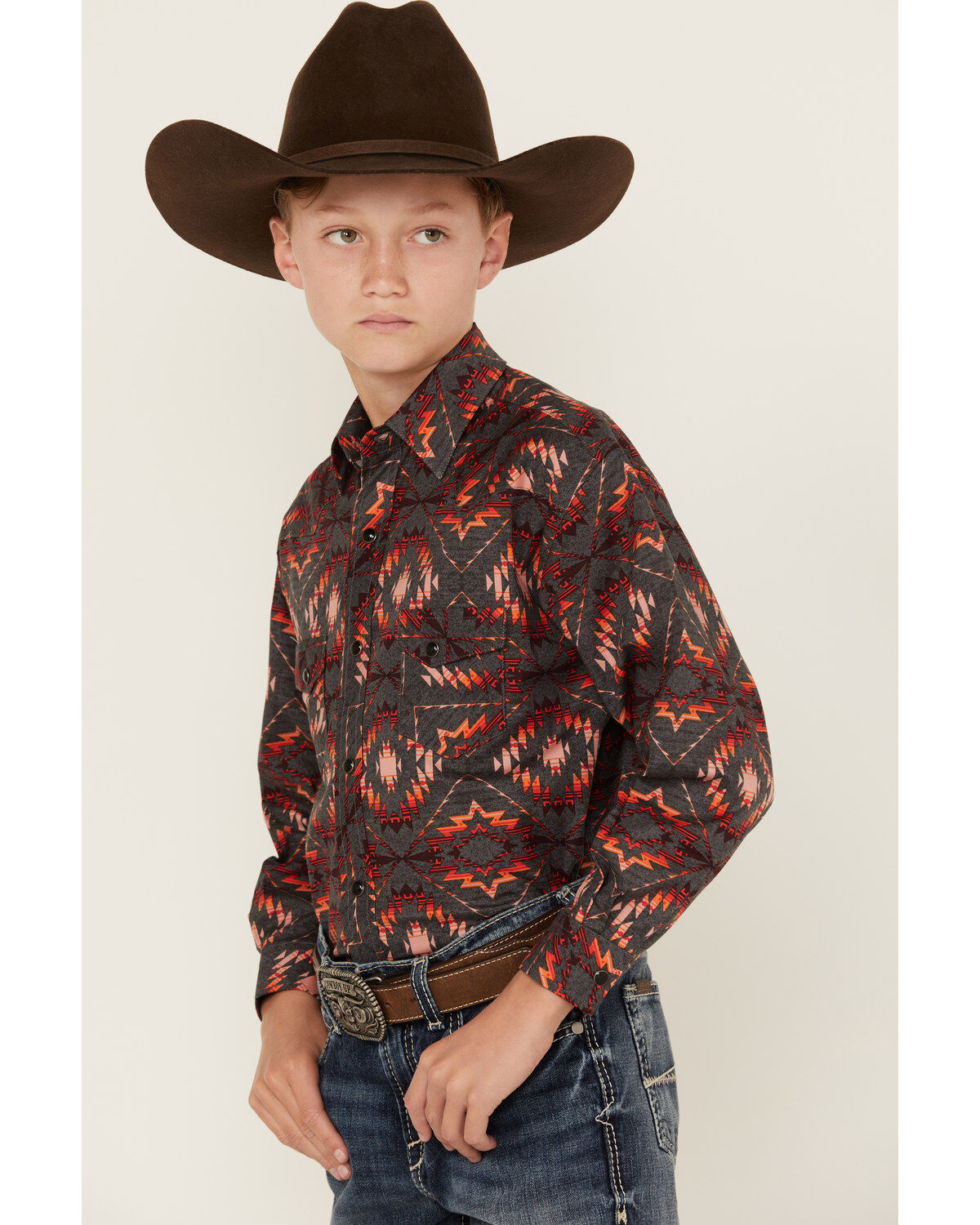 Image #2 - Panhandle Boys' Southwestern Print Long Sleeve Snap Western Shirt, Orange, hi-res