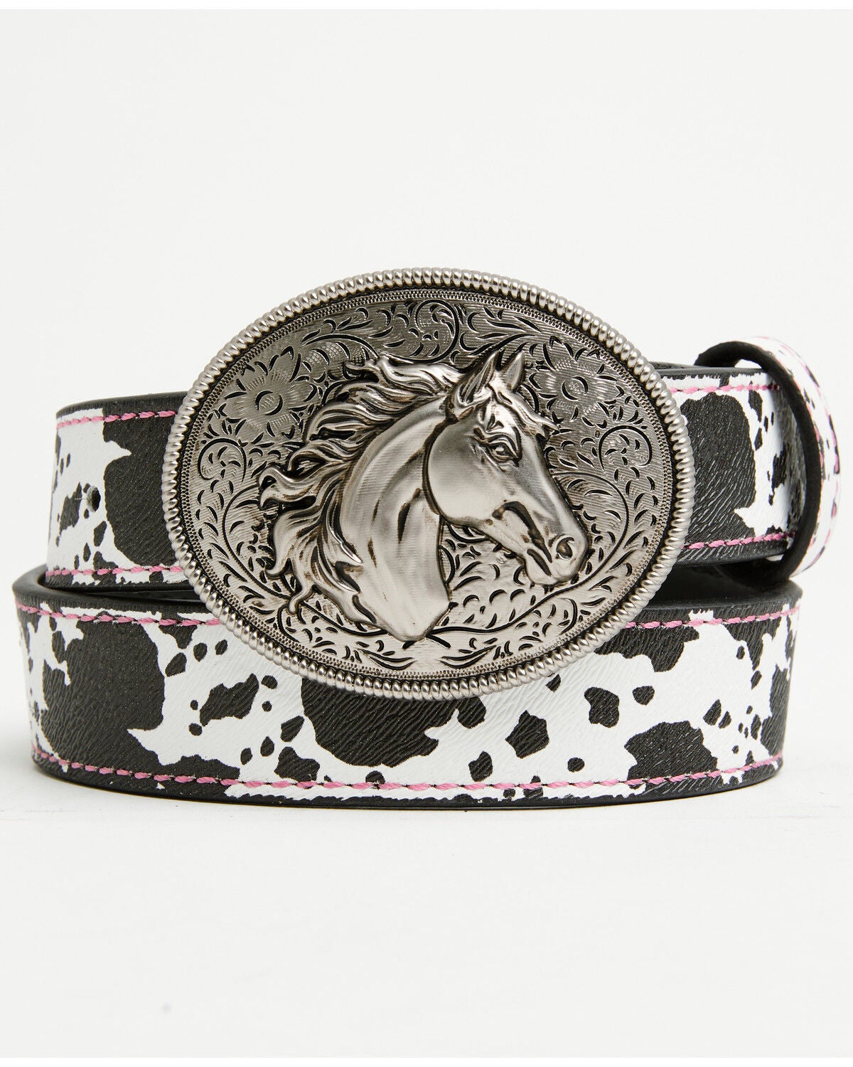 Shyanne Girls' Josie Cow Print Horse Plaque Buckle Belt, Black, hi-res