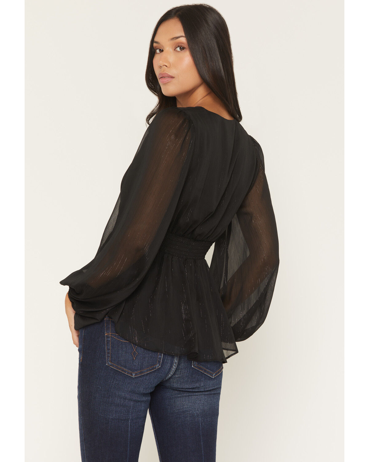 Image #4 - Shyanne Women's Pratt Faux Button-Down Long Sleeve Lurex Top, Black, hi-res