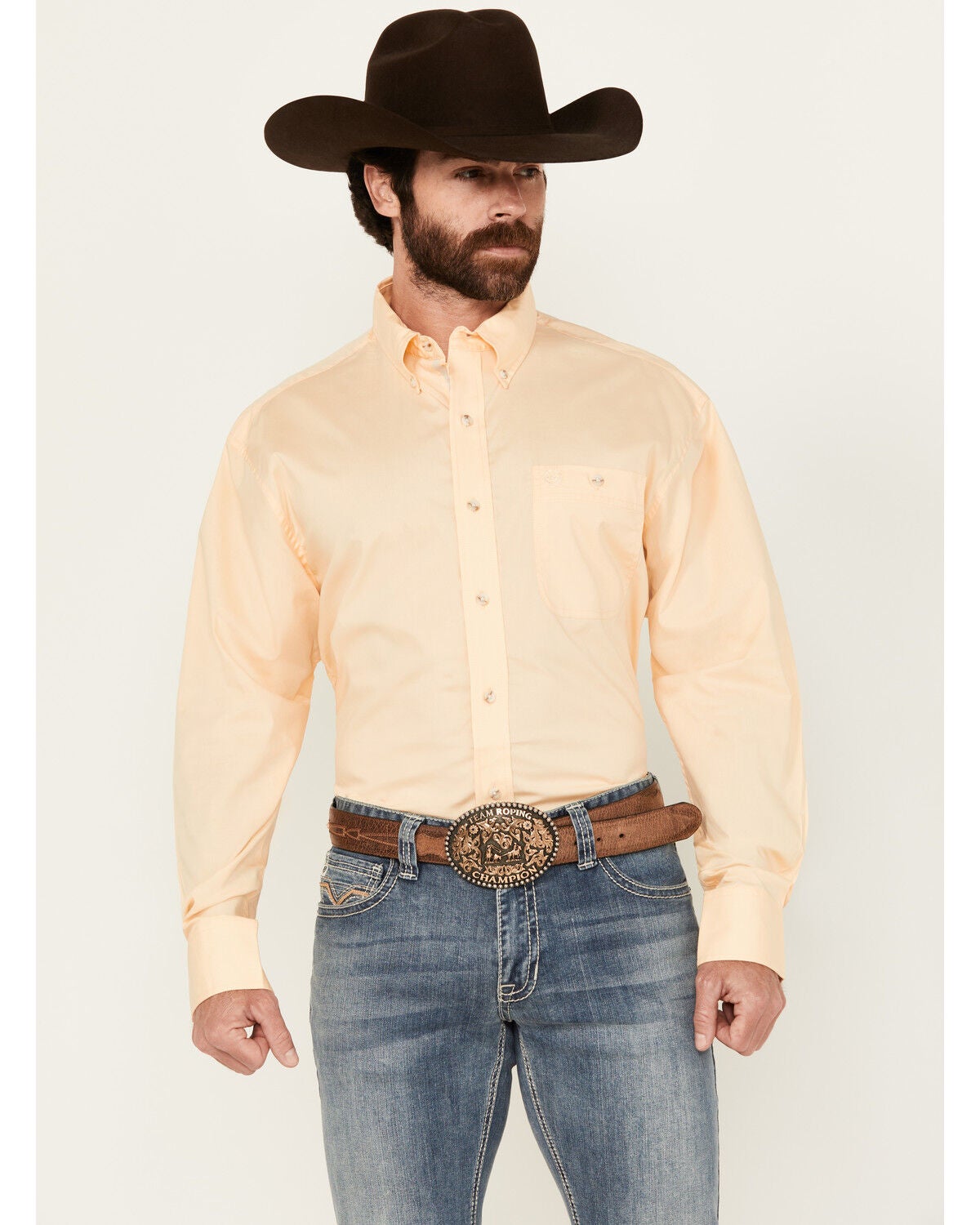 George Strait by Wrangler Men's Solid Long Sleeve Button-Down Stretch Western Shirt, Yellow, hi-res