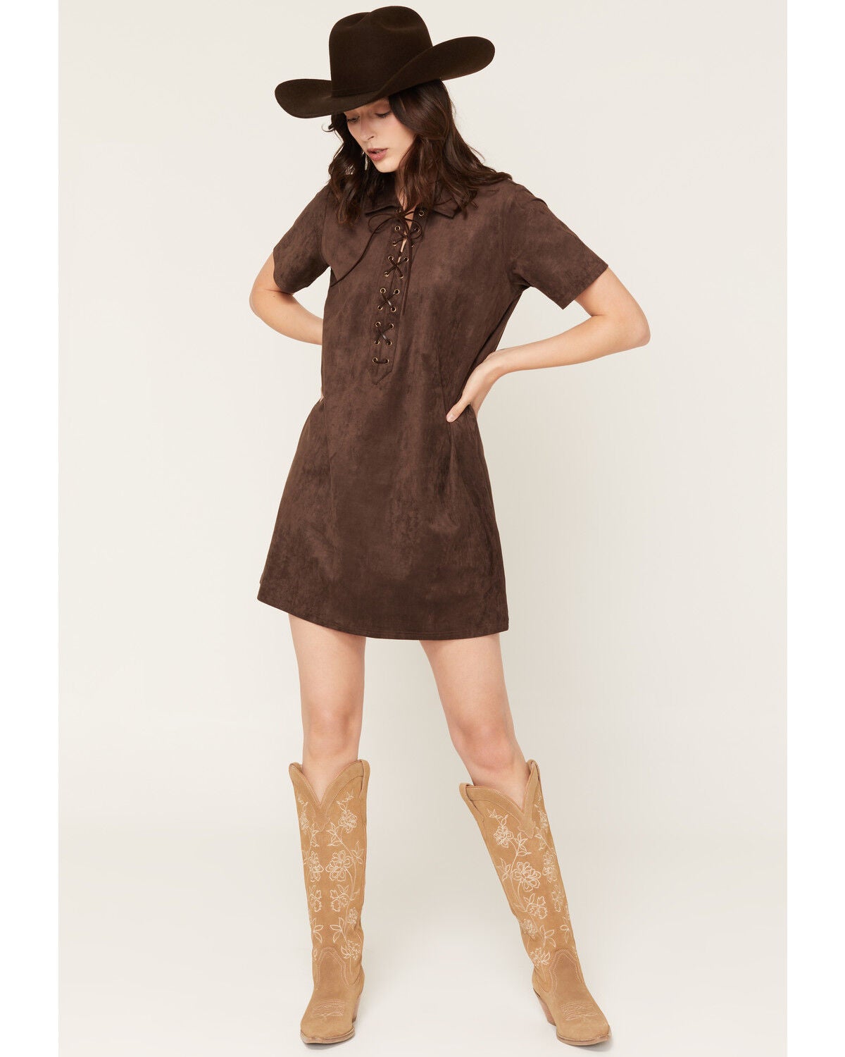 Shyanne Women's Carina Faux Suede Lace-Up Mini Dress, Dark Brown, hi-res