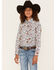 Shyanne Girls' Ditsy Floral Print Long Sleeve Western Pearl Snap Shirt, Ivory, hi-res