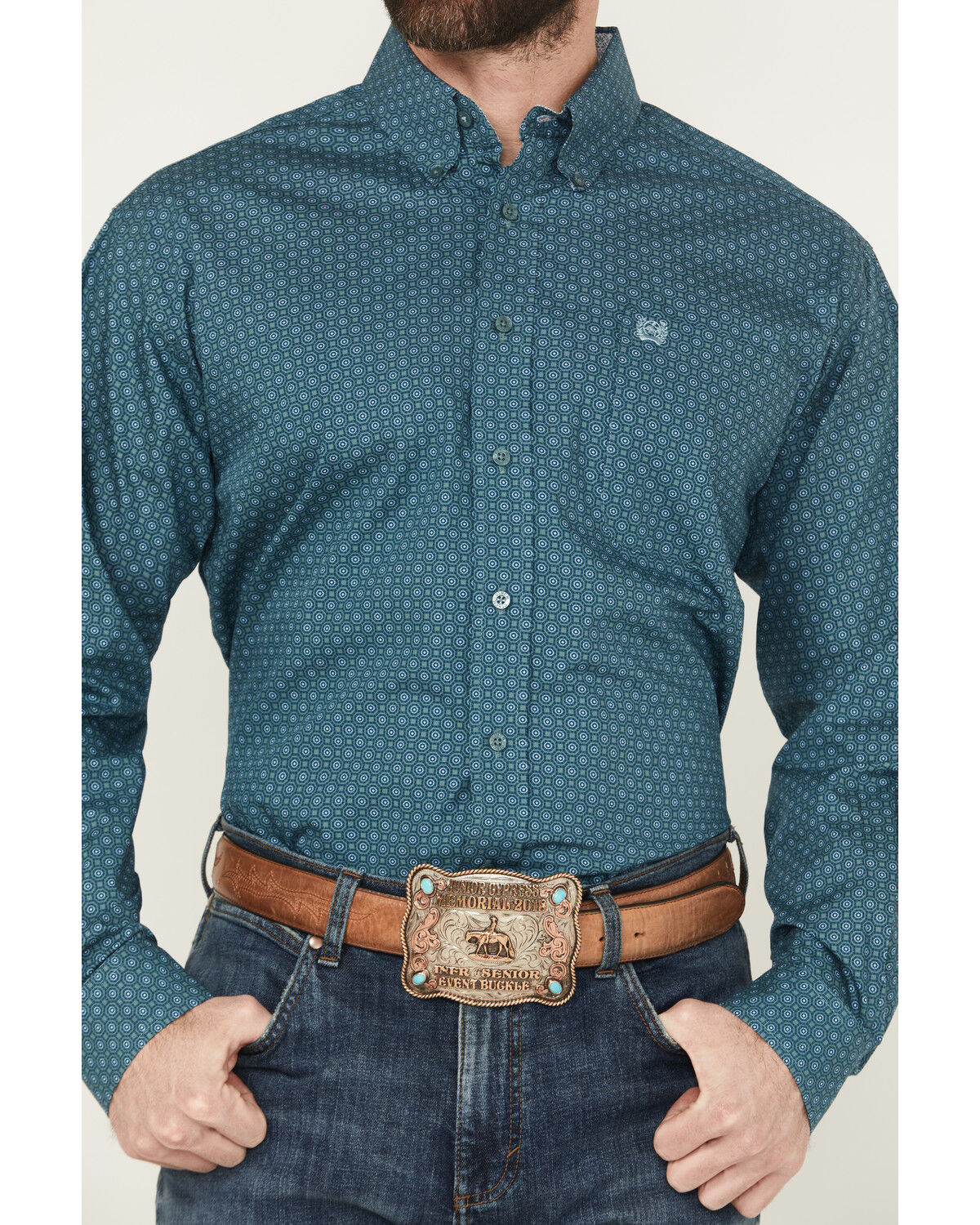 Image #3 - Cinch Men's Geo Print Long Sleeve Button-Down Western Shirt - Big, Green, hi-res