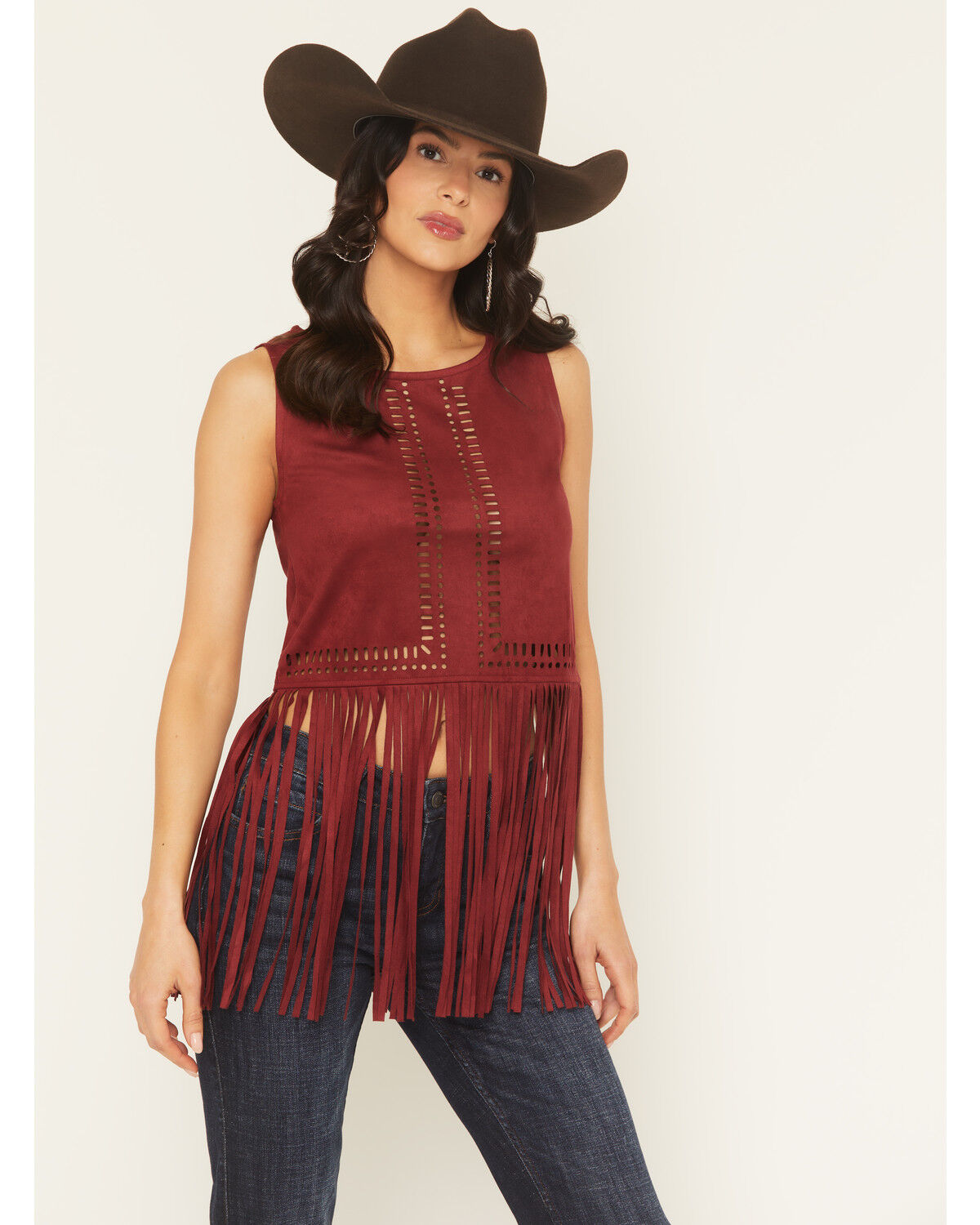Image #2 - Idyllwind Women's Whitsett Cutout Faux Suede Fringe Tank Top, Cherry, hi-res