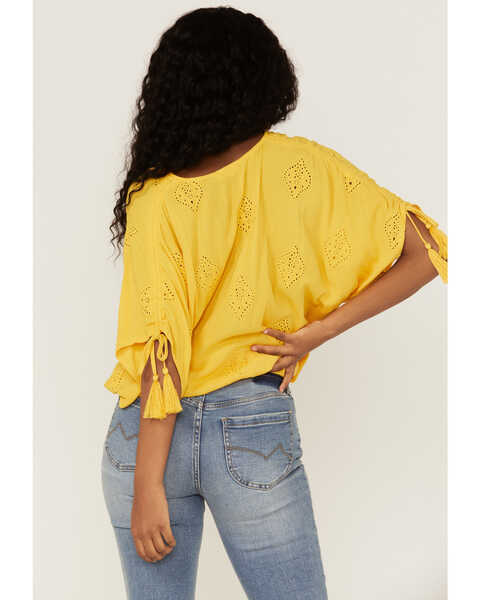 Image #4 - Miss Me Women's Mustard Button Front Embroidered Tassel Trim Top, Yellow, hi-res