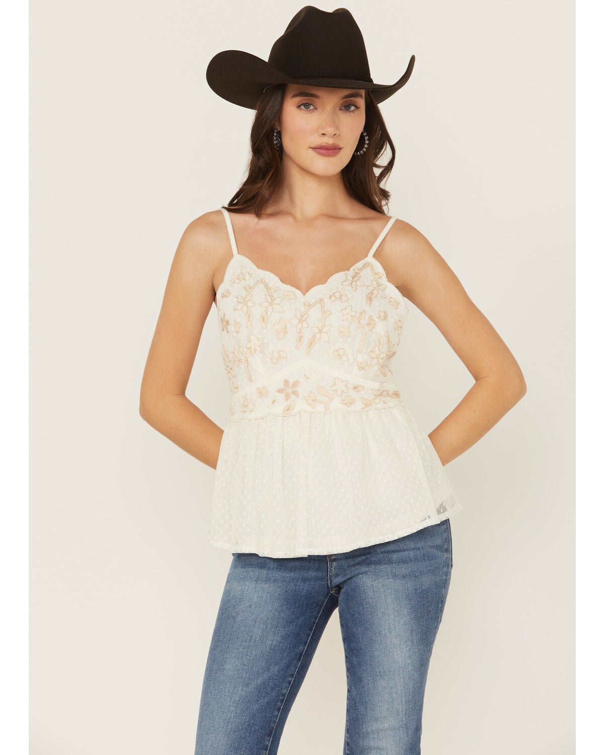 Shyanne Women's Swiss Dot Embroidered Mesh Cami, Ivory, hi-res