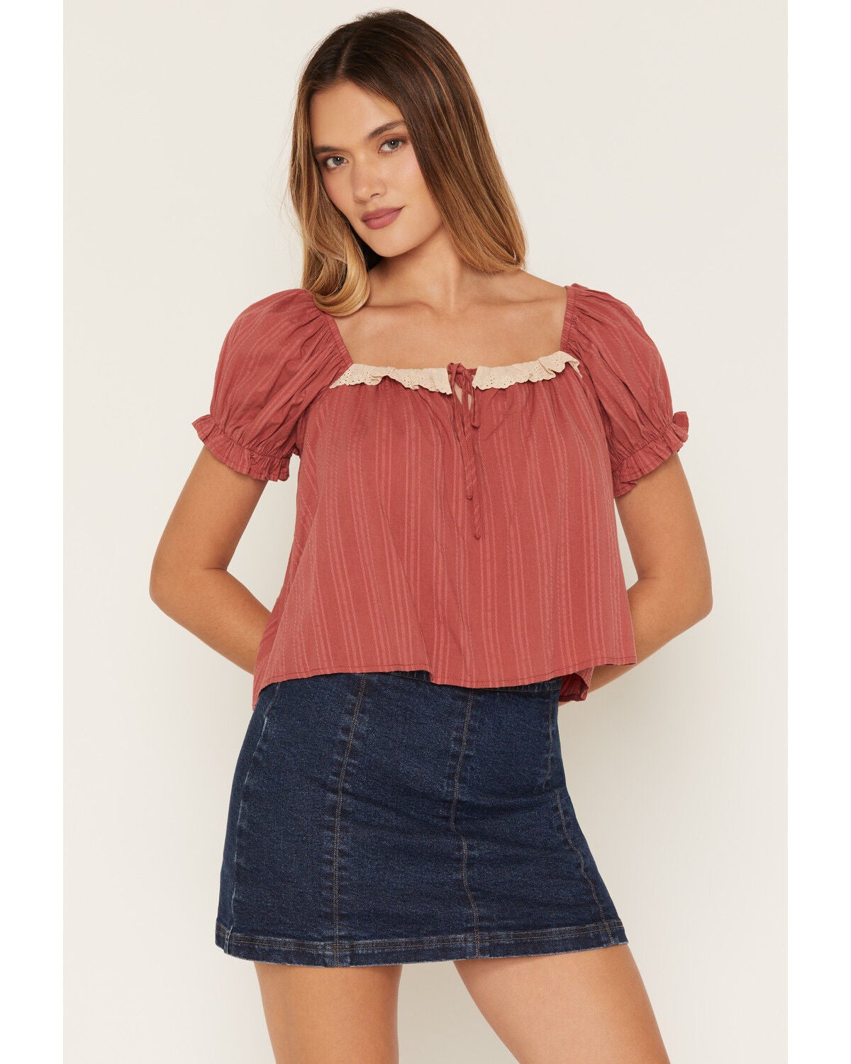 Image #1 - Cleo + Wolf Women's Short Sleeve Lace Trim Babydoll Top, Rose, hi-res
