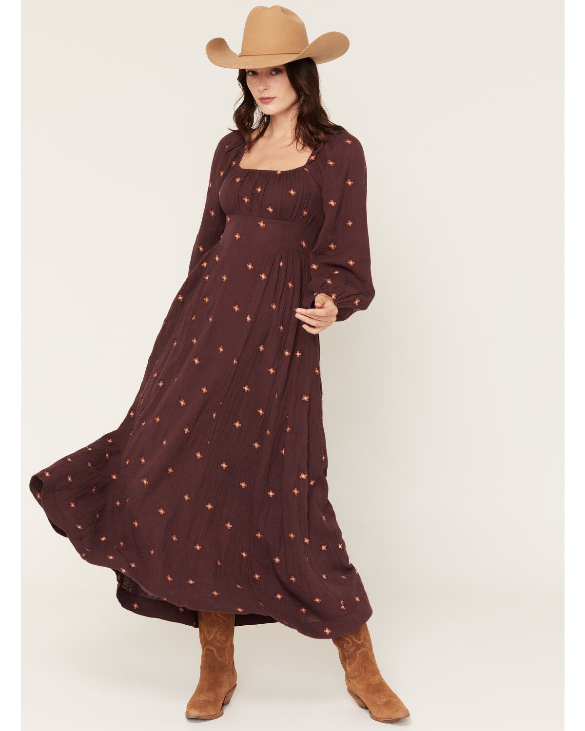 Rock & Roll Denim Women's Geo Print Embroidered Maxi Dress, Wine, hi-res