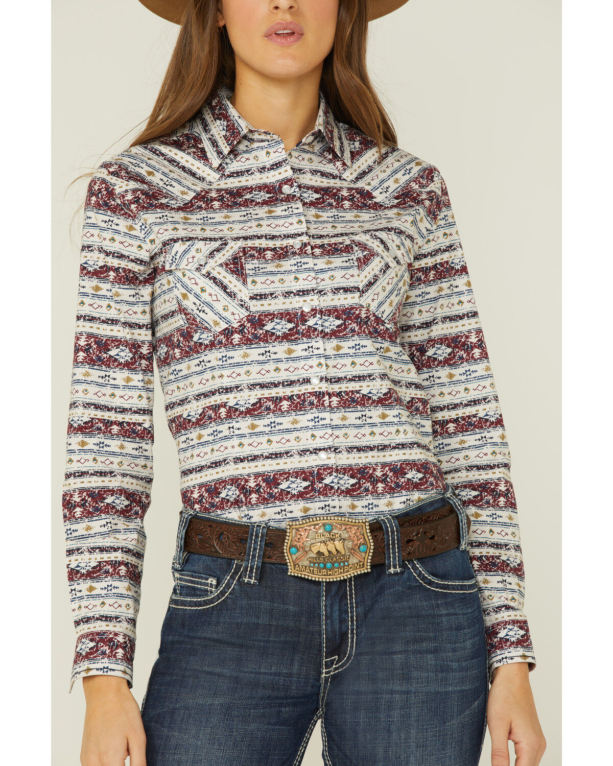 Image #2 - Panhandle Women's Southwestern Print Long Sleeve Button Down Shirt, Wine, hi-res