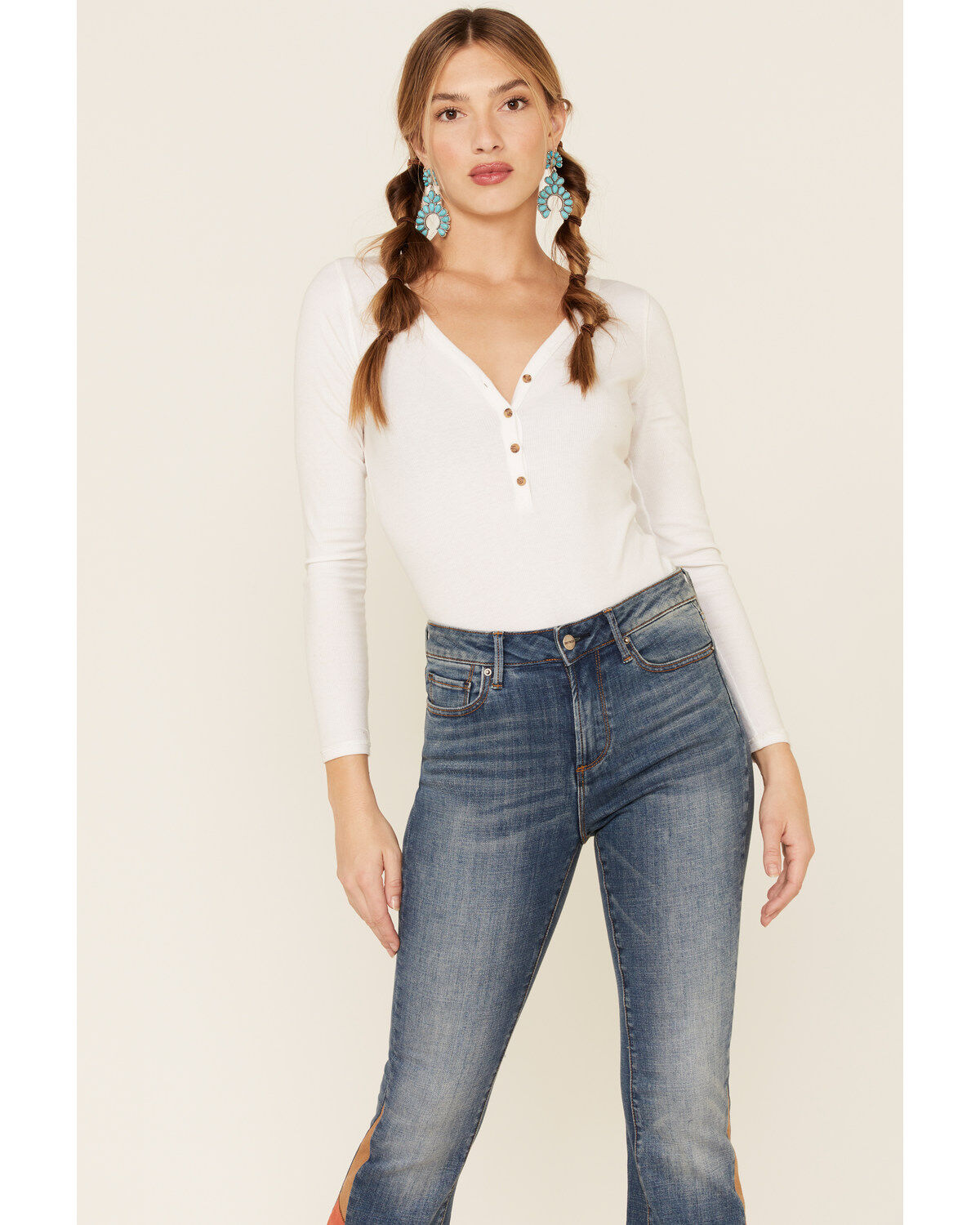 Image #4 - Driftwood Women’s Medium Wash Suede Patchwork Flare Jeans, , hi-res