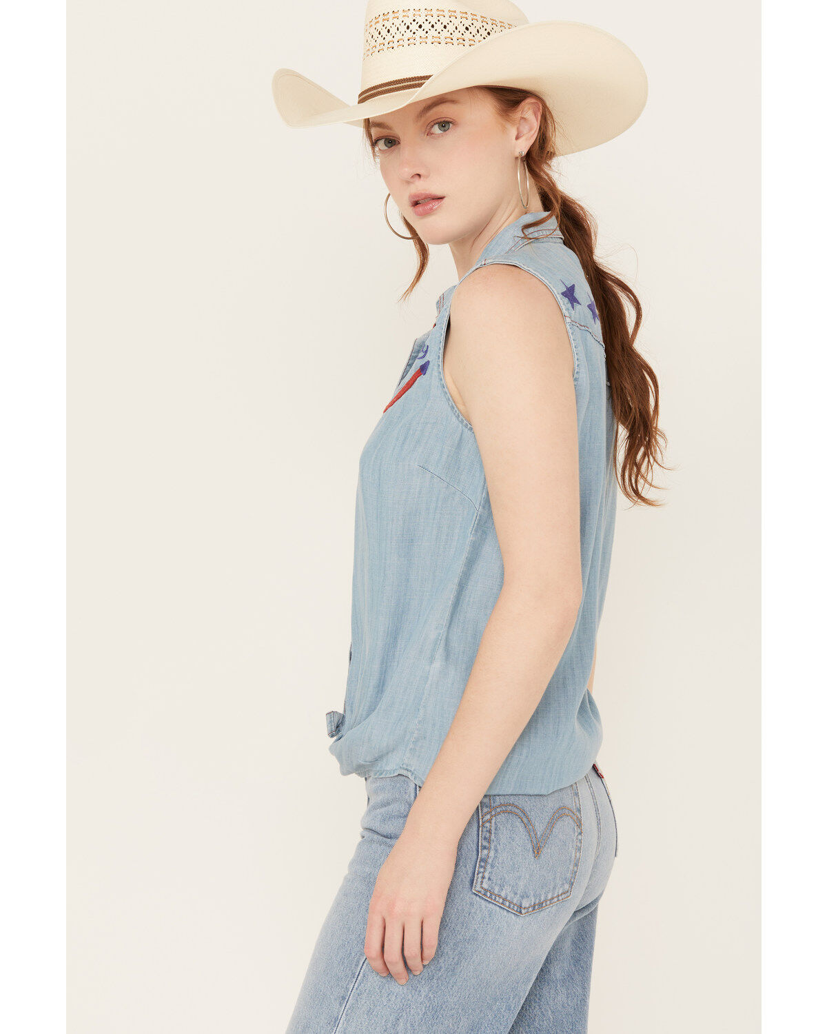 Image #2 - Ariat Women's Liberty Embroidered Button Down Sleeveless Top, Blue, hi-res