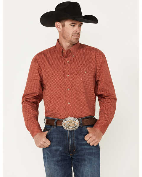 George Strait by Wrangler Men's Long Sleeve Button Down One Pocket Printed Western Shirt, Red, hi-res
