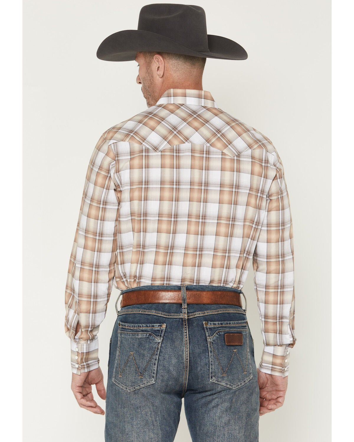 Image #4 - Wrangler Retro Men's Plaid Print Long Sleeve Snap Western Shirt, Tan, hi-res