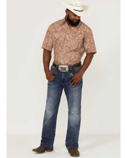 Roper Men's Dusty Trail Paisley Print Short Sleeve Snap Western Shirt , Orange, hi-res