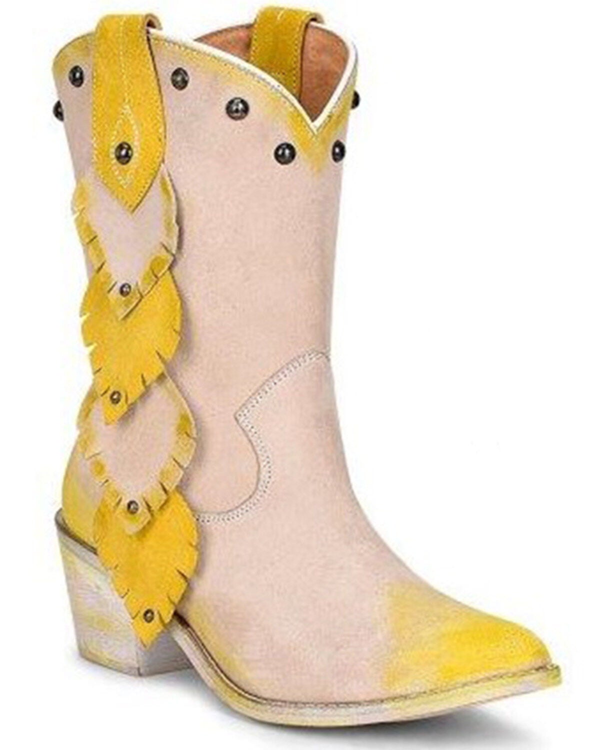 Circle G Women's Painted Leaf Studded Western Boots - Snip Toe, Yellow, hi-res