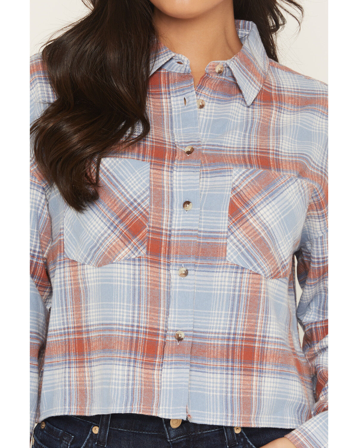 Image #3 - Ely Walker Women's Plaid Print Long Sleeve Button-Down Cropped Flannel Shirt, Blue, hi-res
