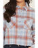 Image #3 - Ely Walker Women's Plaid Print Long Sleeve Button-Down Cropped Flannel Shirt, Blue, hi-res
