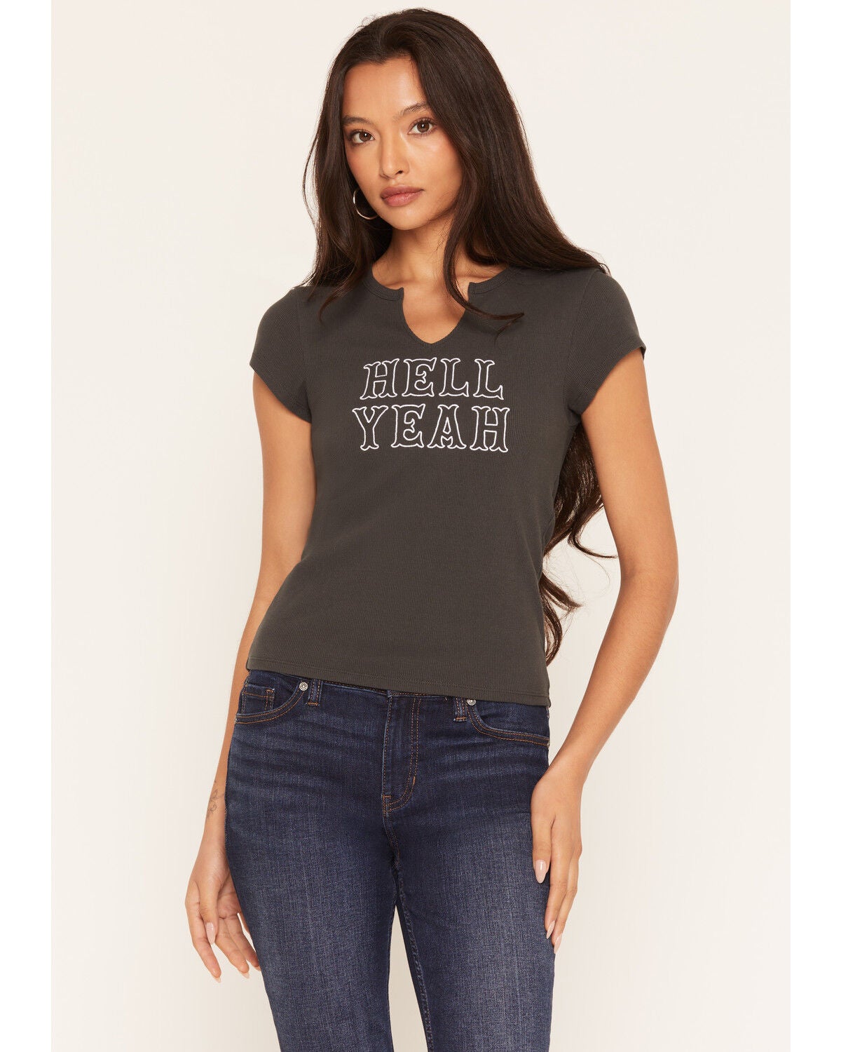 Image #1 - White Crow Women's Hell Yeah Short Sleeve Graphic Tee, Charcoal, hi-res