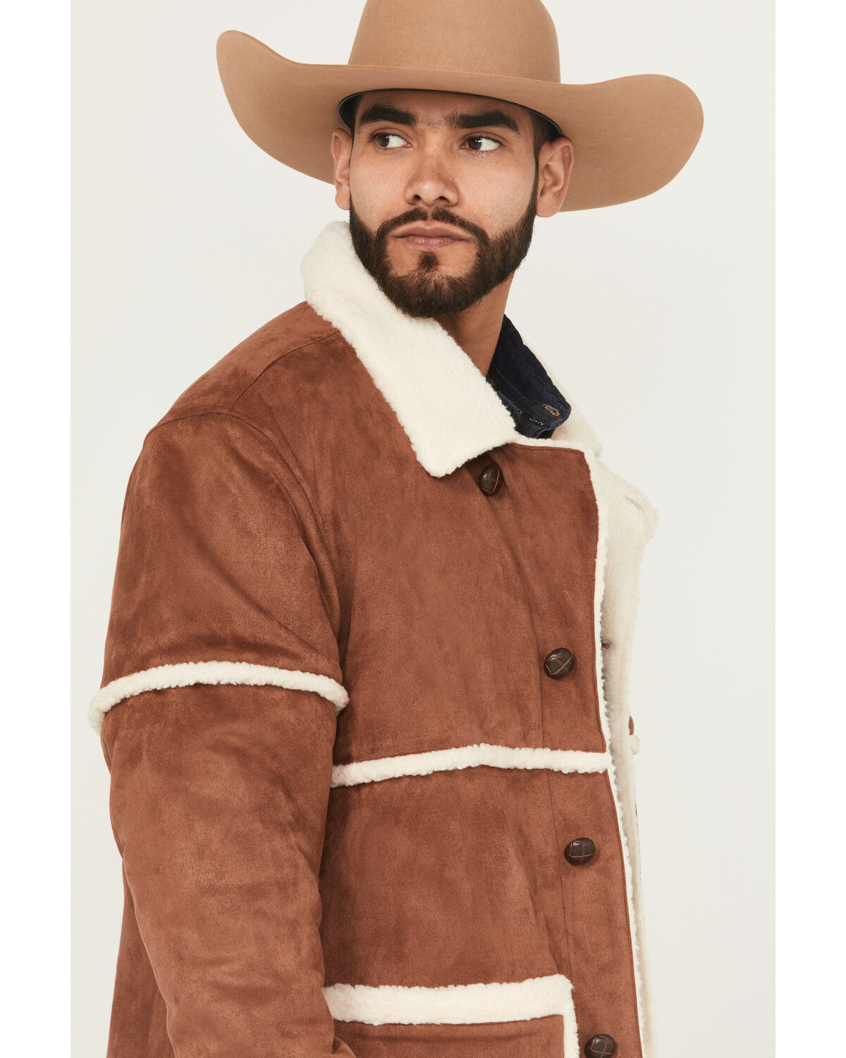 Image #2 - Wrangler Men's Faux Suede Sherpa Lined Button Down Jacket, Camel, hi-res
