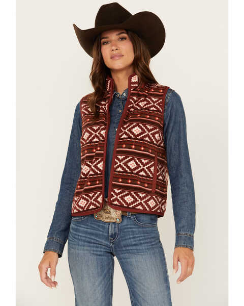 Image #1 - Shyanne Women's Southwestern Print Micro Fleece Vest, Dark Red, hi-res