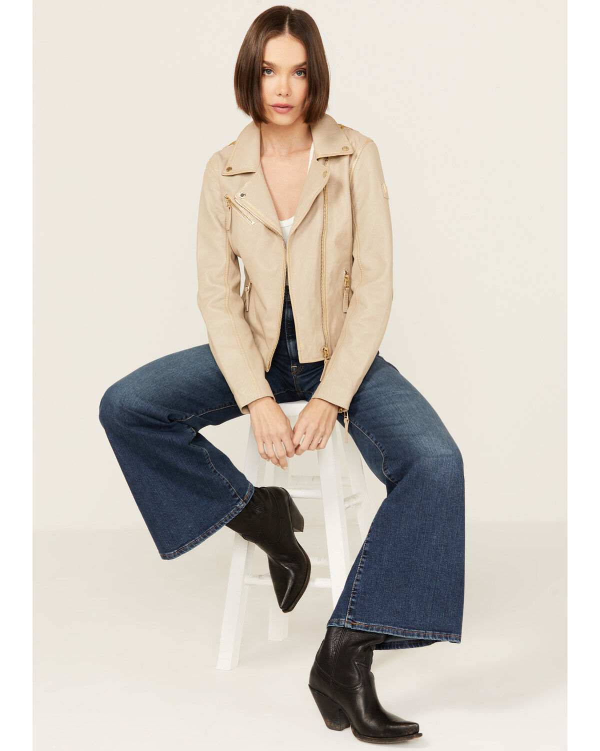 Image #4 - Mauritius Leather Women's Christy Star Zip-Front Moto Leather Jacket, Off White, hi-res