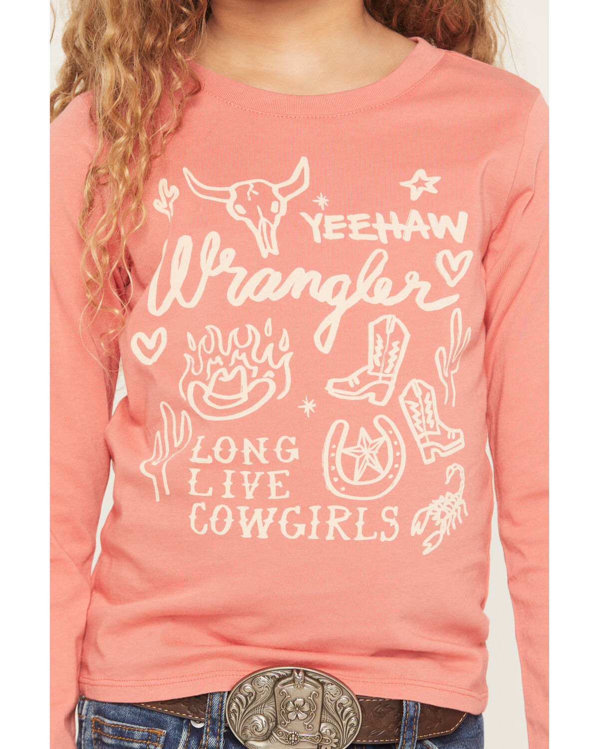 Image #3 - Wrangler Girls' Western Icon Long Sleeve Graphic Tee, Coral, hi-res