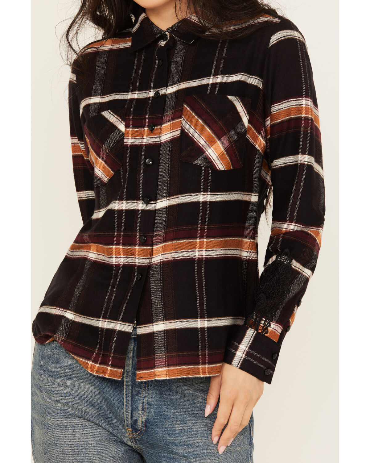 Image #3 - Shyanne Women's Lace Applique Plaid Print Button-Down Flannel Shirt, Black, hi-res