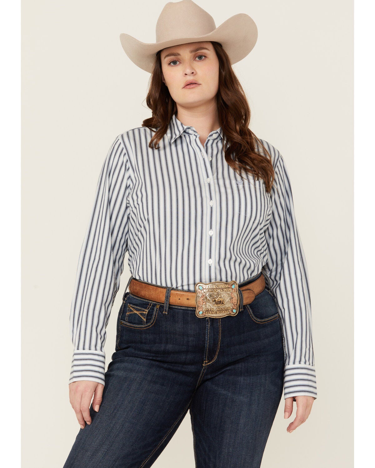 Ariat Women's Kirby Striped Print Long Sleeve Button-Down Stretch Western Shirt - Plus, Blue, hi-res