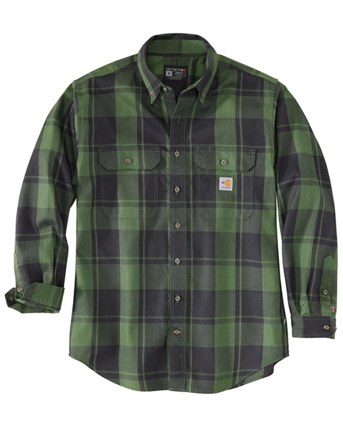 Image #1 - Carhartt Men's FR Force Rugged Flex® Plaid Print Long Sleeve Button-Down Western Work Shirt, Loden, hi-res