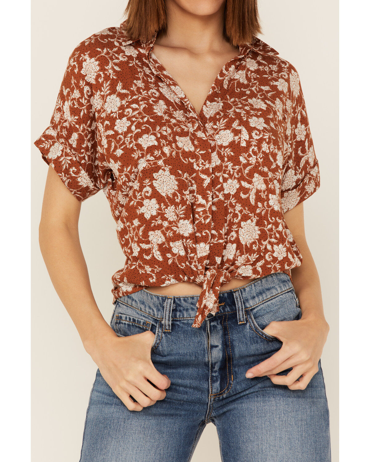 Image #3 - Shyanne Women's Floral Print Tie Front Short Sleeve Blouse, Brown, hi-res