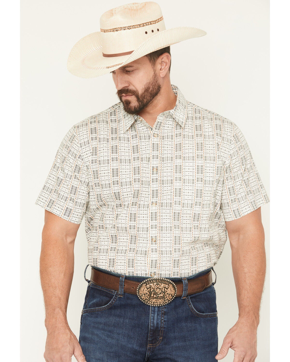Gibson Trading Co Men's Chicken Scratch Southwestern Print Short Sleeve Button-Down Western Shirt, Cream, hi-res