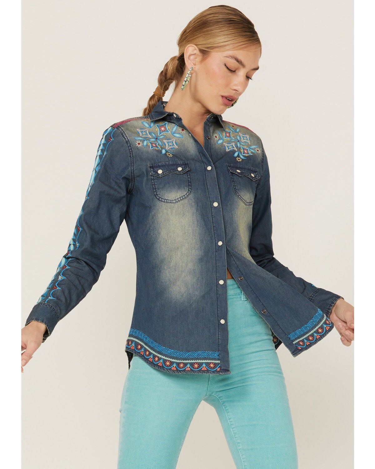 Tasha Polizzi Women's Rayna Southwestern Embroidered Denim Shirt, Blue, hi-res