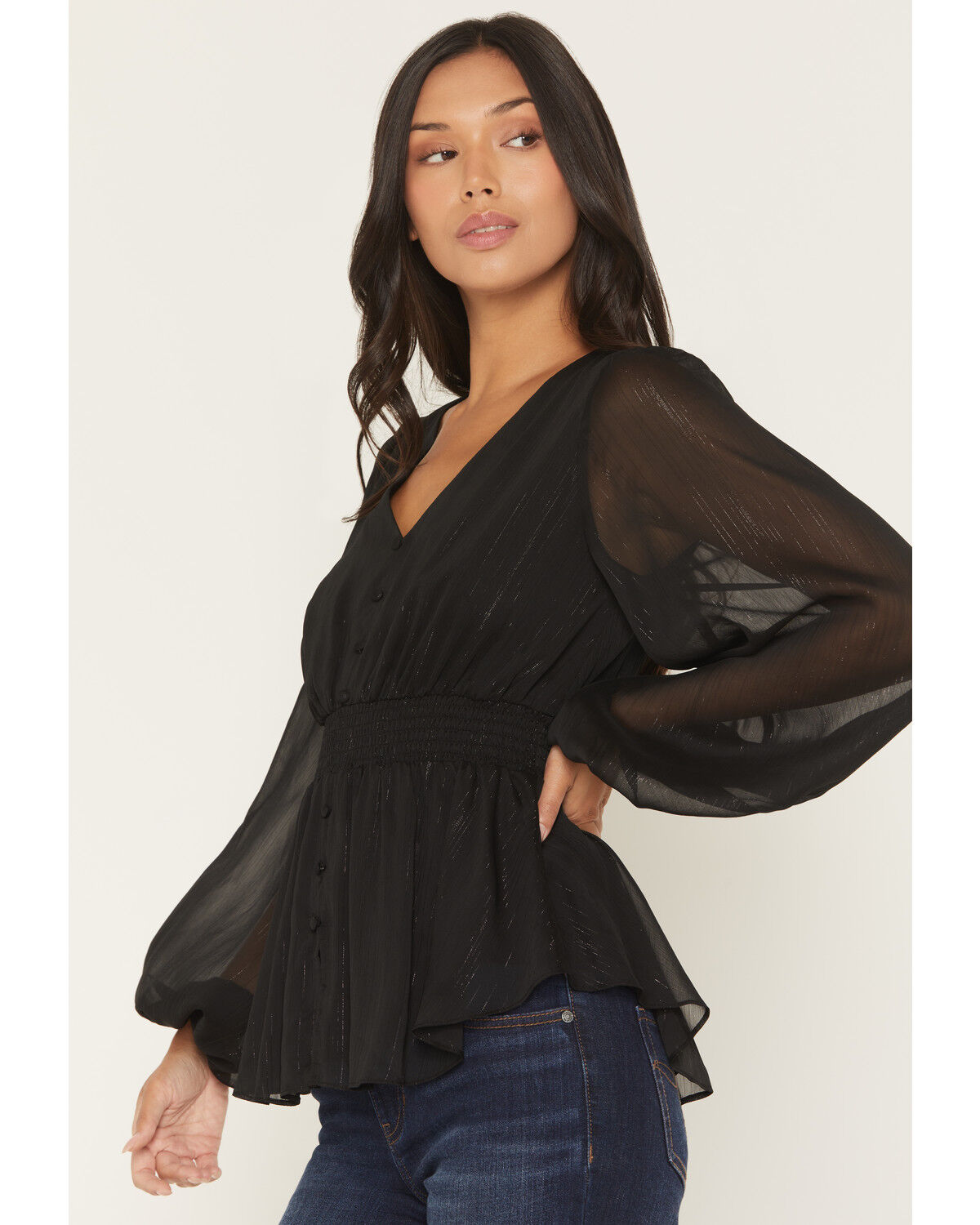 Image #2 - Shyanne Women's Pratt Faux Button-Down Long Sleeve Lurex Top, Black, hi-res