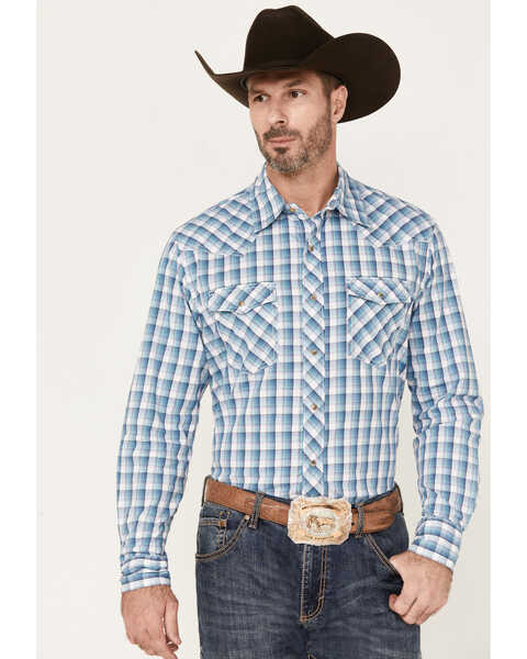 Wrangler 20x Men's Plaid Print Long Sleeve Snap Western Shirt, Teal, hi-res