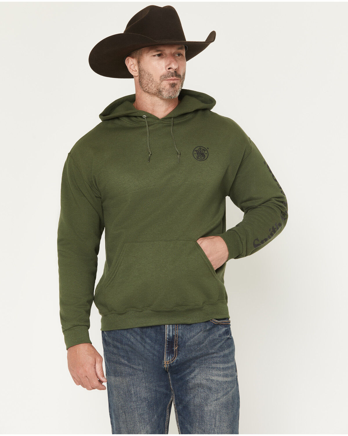 Image #1 - Smith & Wesson Men's Logo Sleeve Hooded Sweatshirt, Olive, hi-res