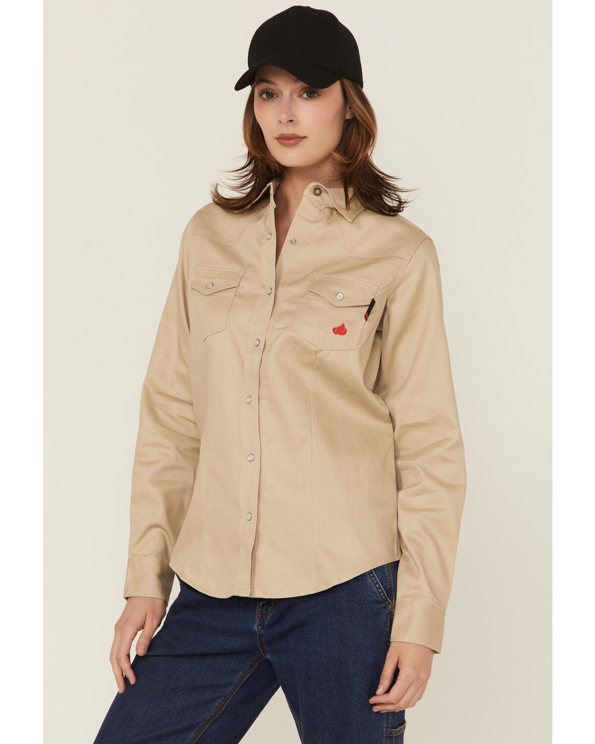 Forge Workwear Women's FR Solid Long Sleeve Snap Stretch Work Shirt, Stone, hi-res