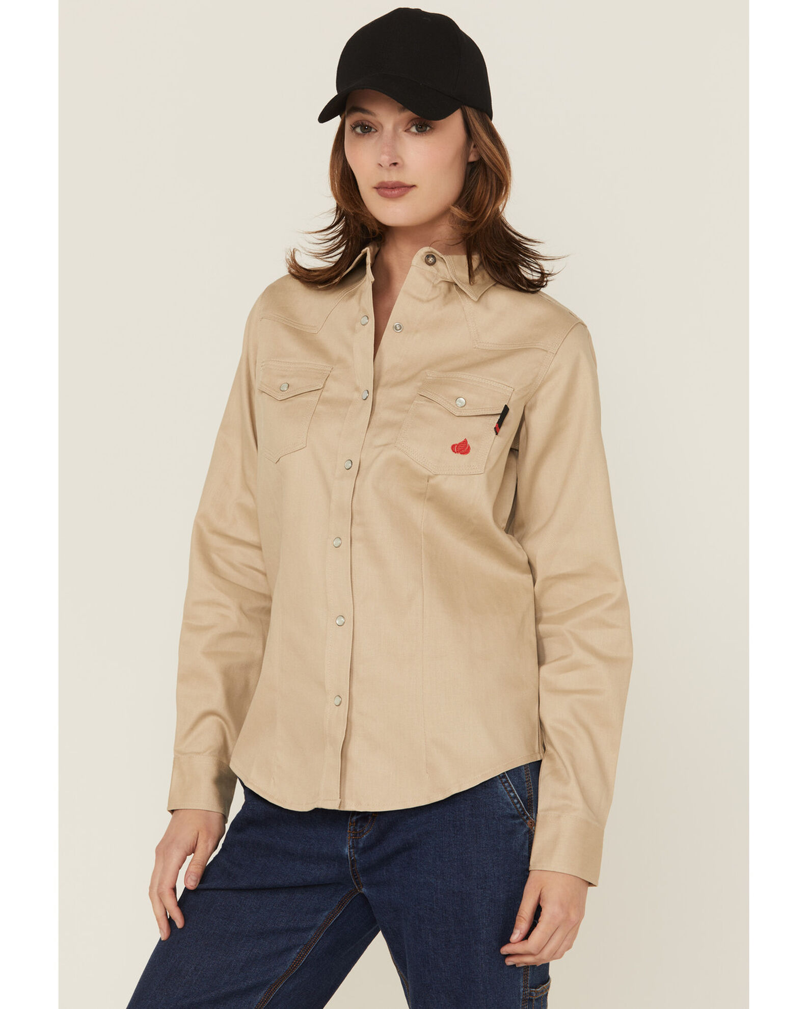 Image #1 - Forge Workwear Women's FR Solid Long Sleeve Snap Stretch Work Shirt, Stone, hi-res