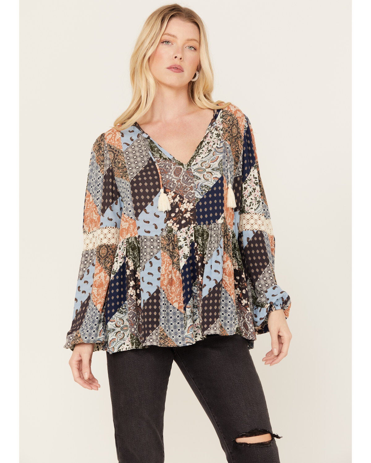 Cleo + Wolf Women's Dobbie Patchwork Top, Blue, hi-res