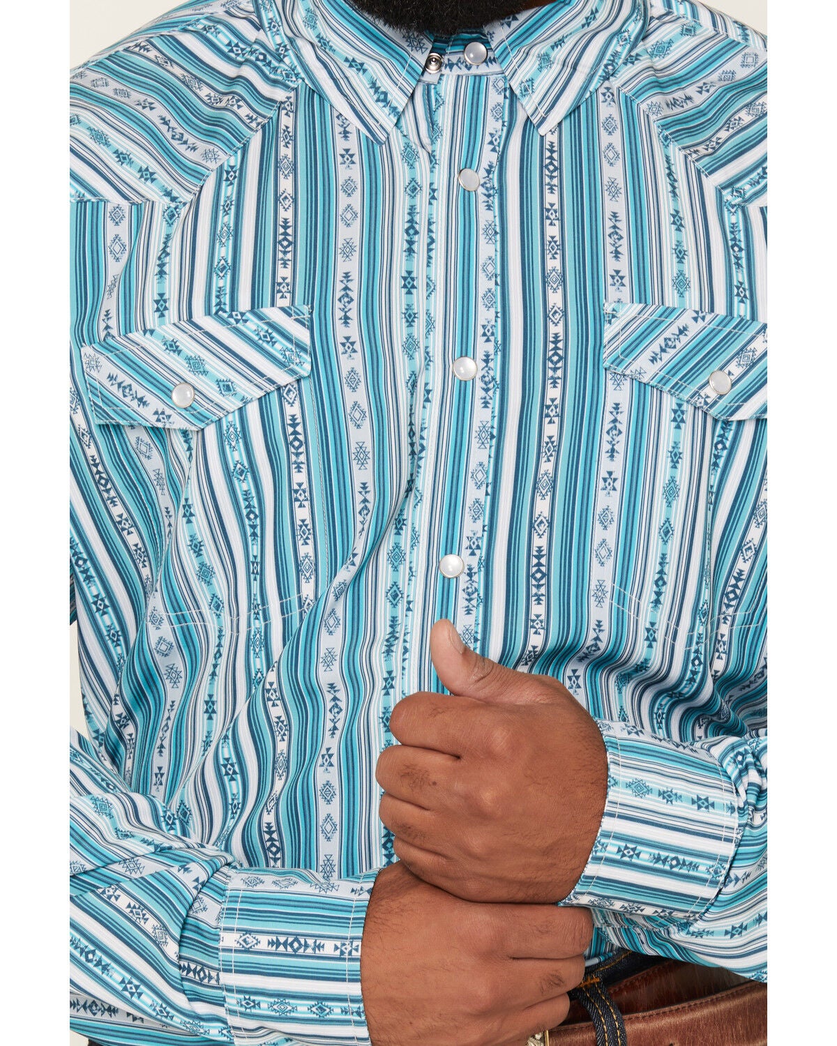Image #3 - Panhandle Slim Men's Southwestern Striped Long Sleeve Pearl Snap Performance Stretch Western Shirt, Teal, hi-res