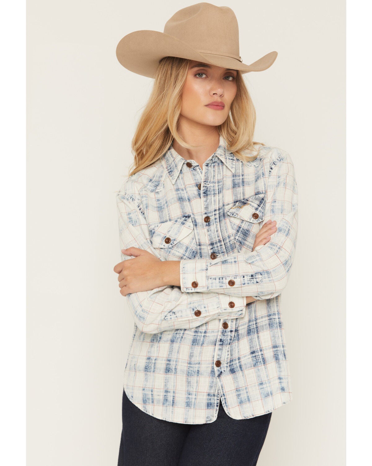 Image #1 - Kimes Ranch Women's Gwenn Distressed Plaid Print Long Sleeve Button-Down Western Shirt, Blue, hi-res